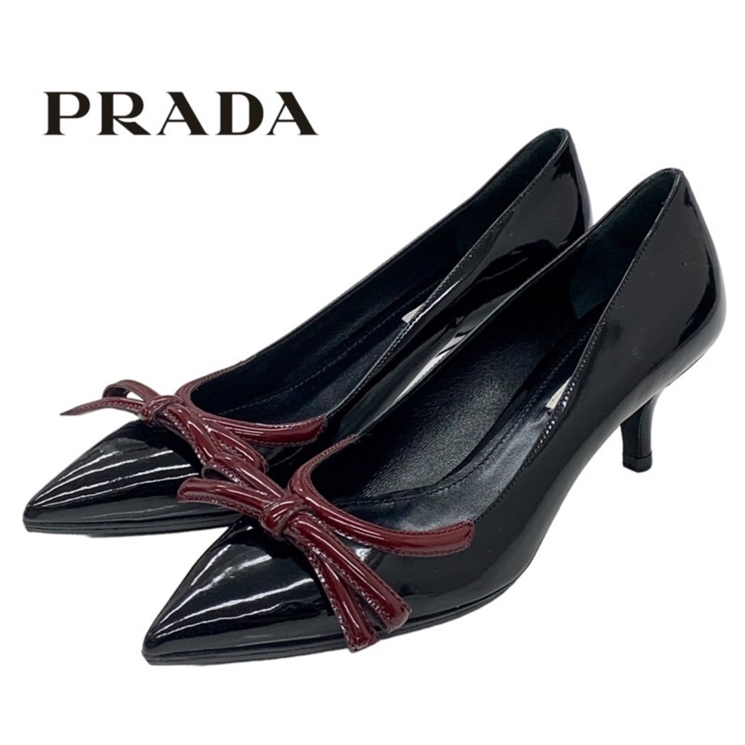 PRADA(プラダ)のプラダ PRADA パンプス 靴 シューズ リボン パテント ブラック ボルドー レディースの靴/シューズ(ハイヒール/パンプス)の商品写真