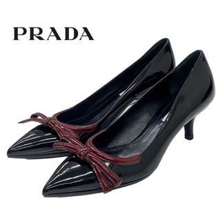 プラダ(PRADA)のプラダ PRADA パンプス 靴 シューズ リボン パテント ブラック ボルドー(ハイヒール/パンプス)