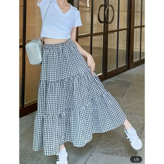 チェック ロングフレアスカート 韓国ファッション NAUNAU