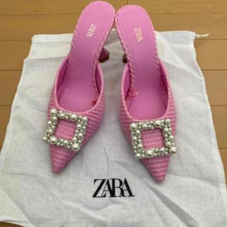 ザラ(ZARA)のZARA  ラフィア パール ヒール ピンク(ハイヒール/パンプス)