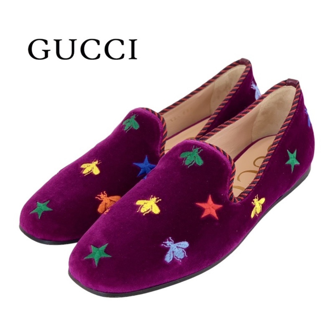 Gucci(グッチ)の未使用 グッチ GUCCI フラットシューズ スリッポン 靴 シューズ bee スター ベロア パープル レディースの靴/シューズ(スリッポン/モカシン)の商品写真