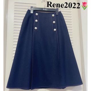 ルネ(René)のRene【美品】2022年　希少パールボタン✨ピンクステッチスカート34ネイビー(ひざ丈スカート)