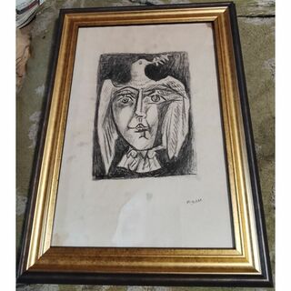 ピカソ人の顔と鳩　リトグラフの原画の一枚肉筆鉛筆木炭19✕14センチ(絵画/タペストリー)