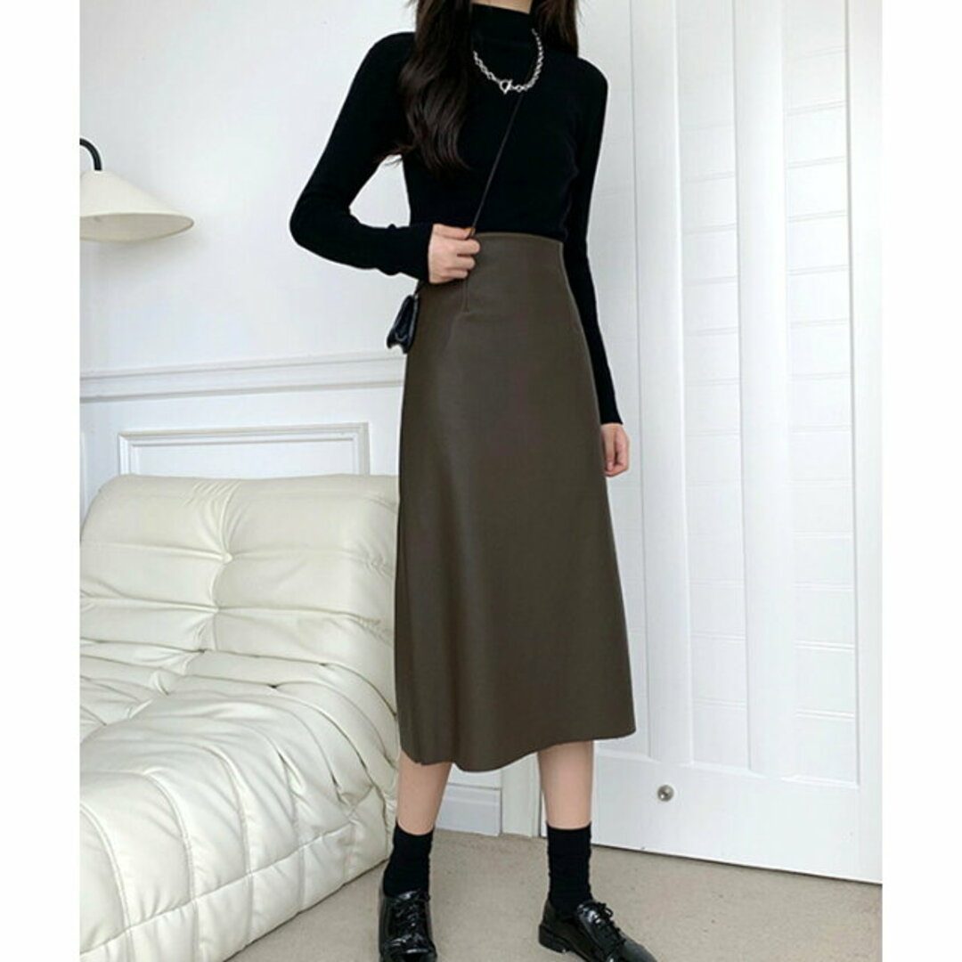 【ブラウン】【F】【Dewlily】フェイクレザーロングスカート レディースのスカート(ロングスカート)の商品写真