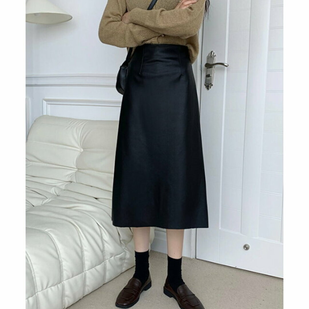 【ブラック】【F】【Dewlily】フェイクレザーロングスカート レディースのスカート(ロングスカート)の商品写真