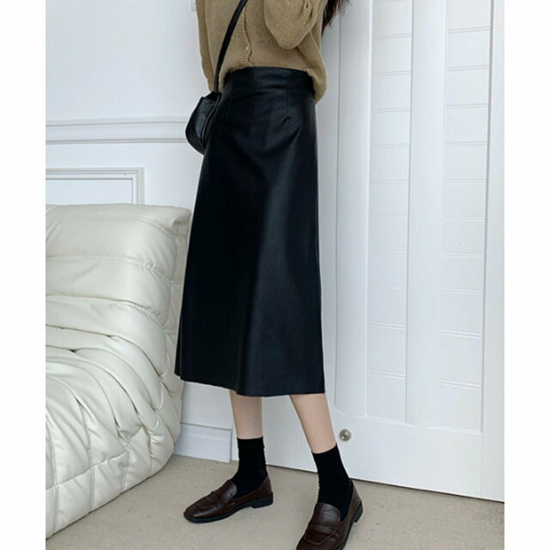 【ブラック】【F】【Dewlily】フェイクレザーロングスカート レディースのスカート(ロングスカート)の商品写真