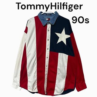 トミーヒルフィガー(TOMMY HILFIGER)の星条旗柄　古着　90s 長袖シャツ　トミーヒルフィガー　XL ビーボイ(シャツ)
