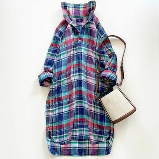 ポロラルフローレン(POLO RALPH LAUREN)の美品♪ポロラルフローレン◆マドラスチェック　リネン　シャツワンピース　　麻100(ひざ丈ワンピース)