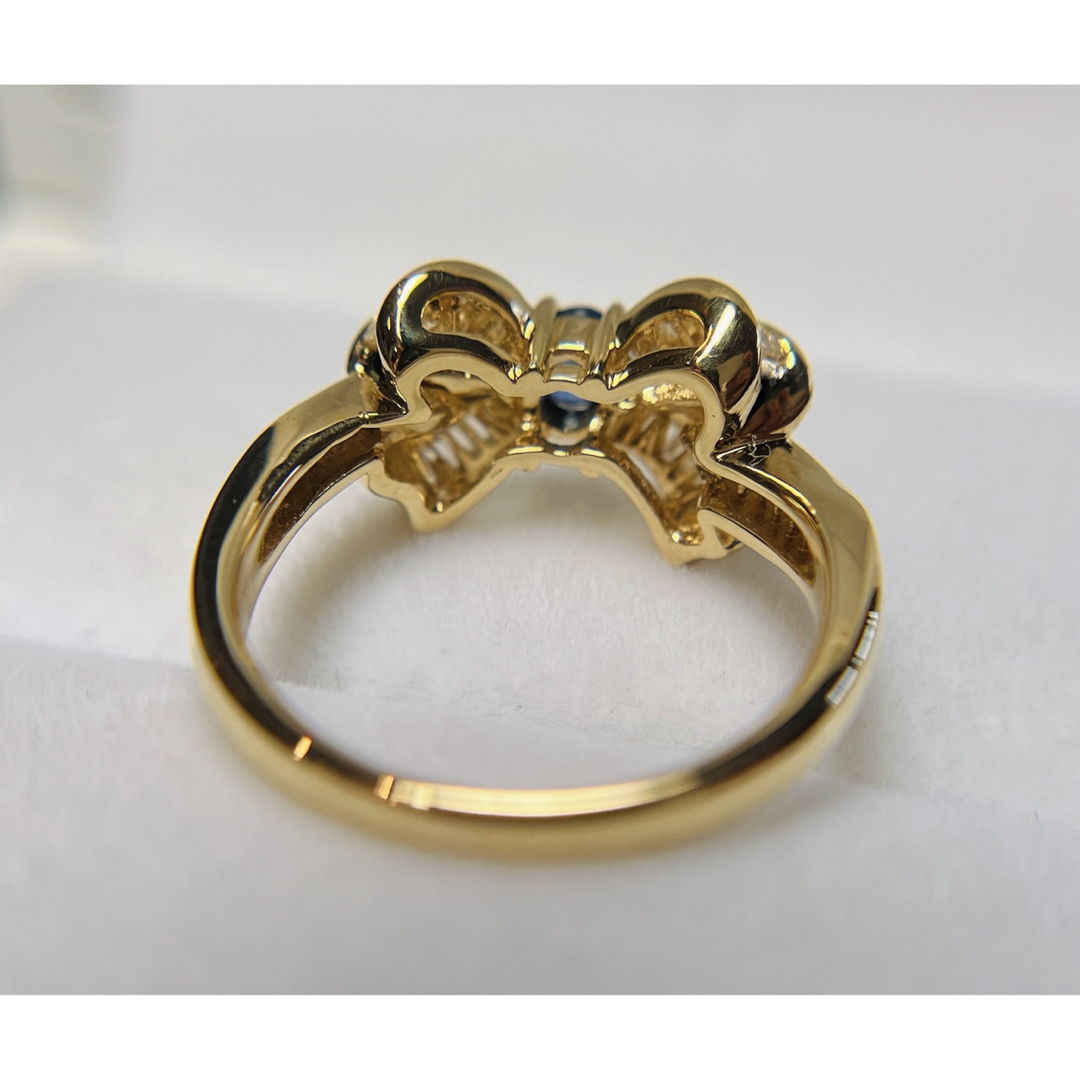 [新品同様]K18YGゴールド金天然ダイヤモンドサファイアリボンリング指輪日本製 レディースのアクセサリー(リング(指輪))の商品写真