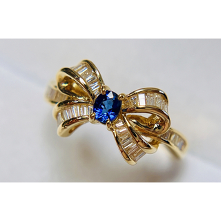 [新品同様]K18YGゴールド金天然ダイヤモンドサファイアリボンリング指輪日本製(リング(指輪))
