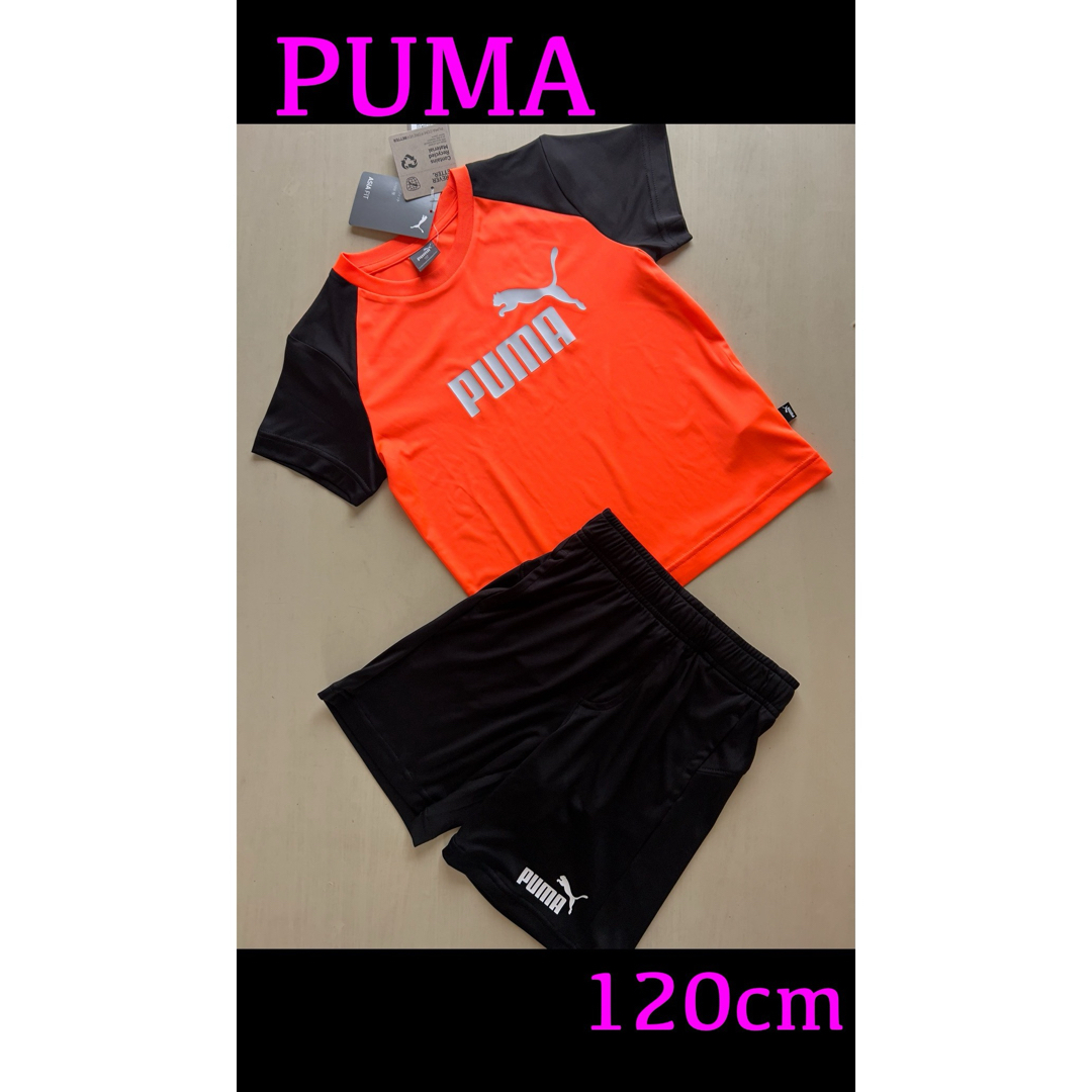 PUMA(プーマ)の新品タグ付き　120㎝ PUMAプーマ上下セットアップ　オレンジ×ブラック キッズ/ベビー/マタニティのキッズ服男の子用(90cm~)(Tシャツ/カットソー)の商品写真