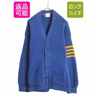 40s 50s ★ ウール レタード ニット カーディガン メンズ L 程/ 古着 40年代 50年代 ヴィンテージ リブ長 パチポケ アワード セーター 青(カーディガン)