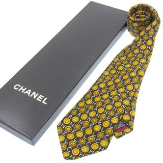 【本物保証】 箱付 超美品 シャネル CHANEL ココマーク ネクタイ シルク100% ネイビー×イエロー ヴィンテージ アンティーク