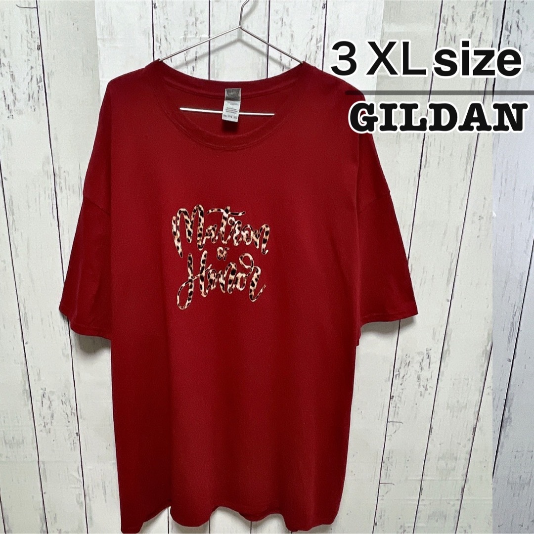 GILDAN(ギルタン)のUSA古着　GILDAN　Tシャツ　3XL　ワインレッド　ボルドー　ヒョウ柄 メンズのトップス(Tシャツ/カットソー(半袖/袖なし))の商品写真