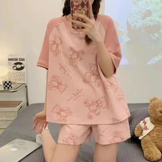 【最入荷】パジャマ　くま　PINK　ルームウエア　可愛い　上下　半袖　ショーパン(ルームウェア)