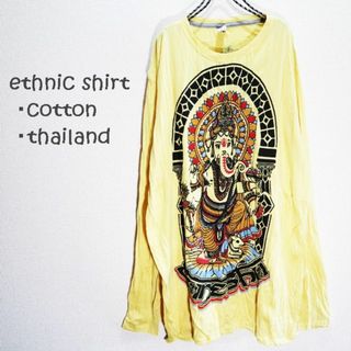 【新品】シワ加工　ロングTシャツ　ガネーシャとネズミ　黄(Tシャツ/カットソー(七分/長袖))