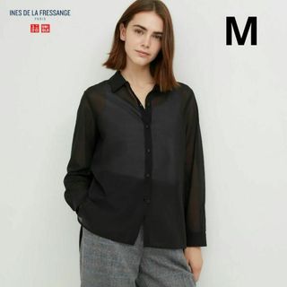 ユニクロ(UNIQLO)のイネス　コットンシアーシャツ（長袖）ブラック　ユニクロ　INES(シャツ/ブラウス(長袖/七分))