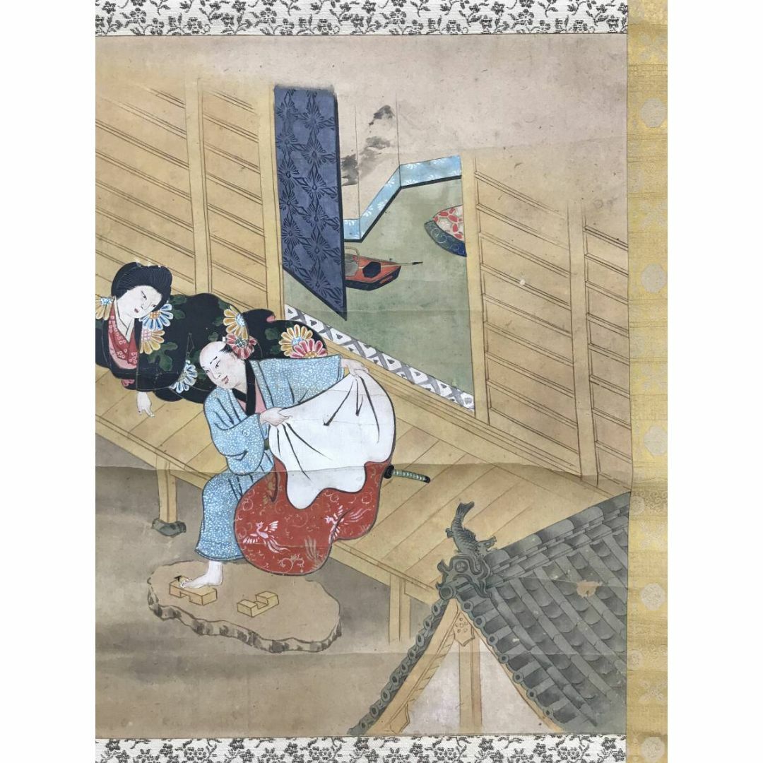 作者不詳/竹千代/雀と人物図/舌切り雀/日本昔ばなし/掛軸☆宝船