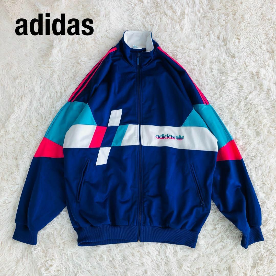 adidas(アディダス)のAdidasアディダストラックジャケット青水色白ピンク万国旗タグ古着Sジャージ メンズのトップス(ジャージ)の商品写真