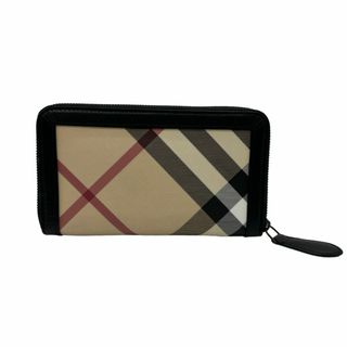 バーバリー(BURBERRY)のバーバリー BURBERRY ラウンドファスナー長財布 PVCコーティングキャンバス/レザー ブラック×ベージュ系 ユニセックス 送料無料【中古】 z0333(財布)