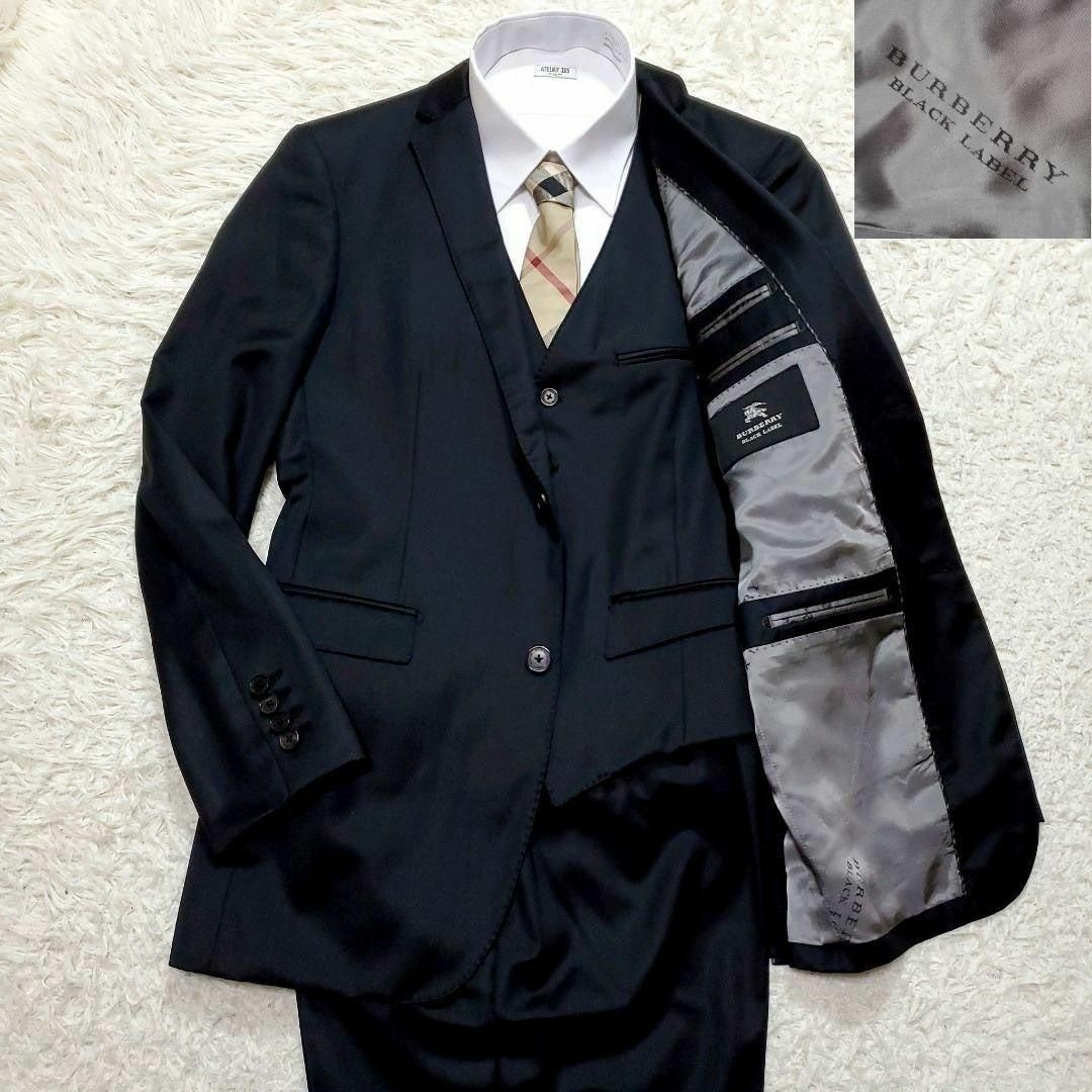 極美品 XL バーバリーブラックレーベル 背抜き 羊毛3Pスーツ 黒 極美品 XL バーバリーブラックレーベル 背抜き 羊毛3Pスーツ 黒