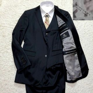 バーバリーブラックレーベル(BURBERRY BLACK LABEL)の極美品 XL バーバリーブラックレーベル 背抜き 羊毛3Pスーツ 黒 水牛ボタン(セットアップ)