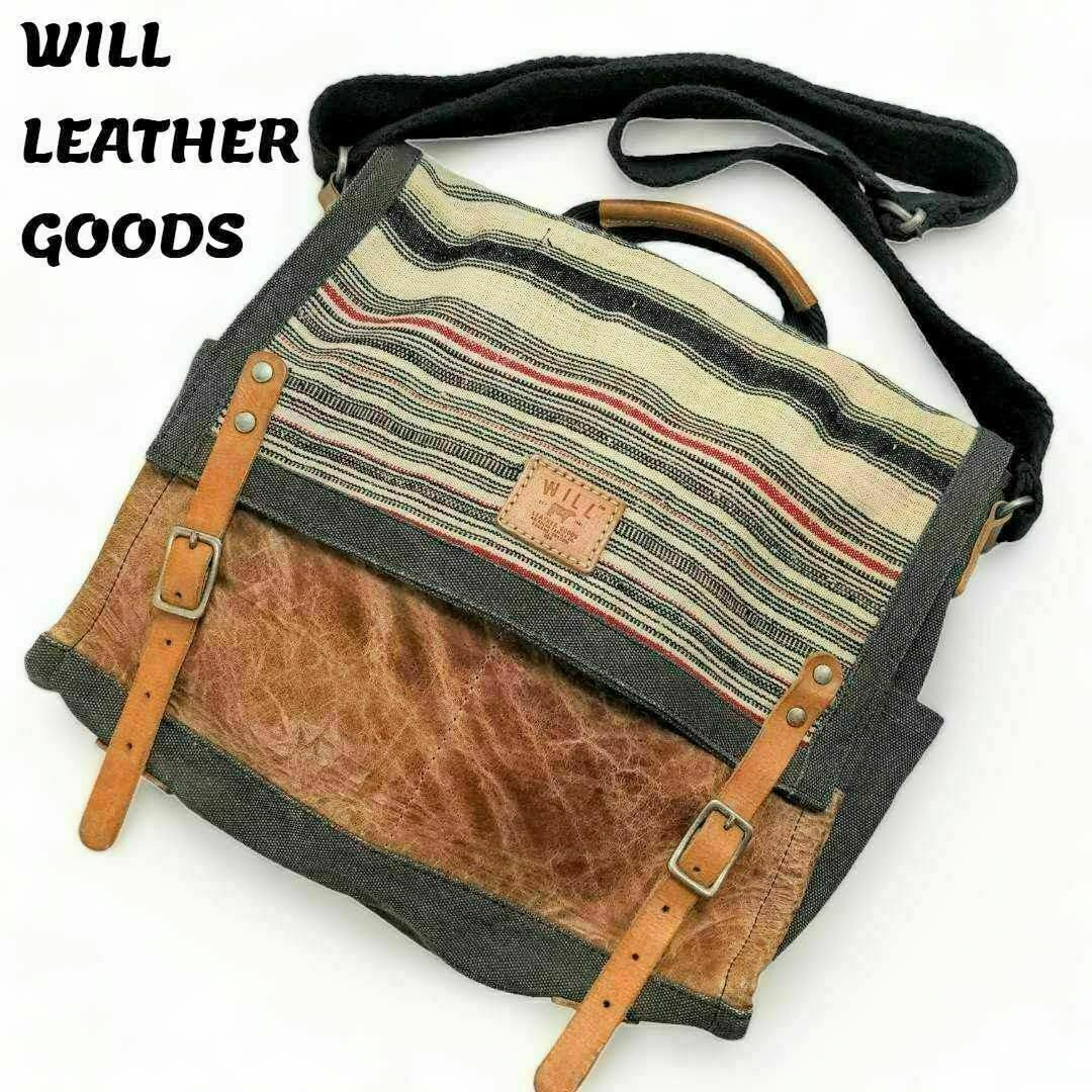 WILL LEATHER GOODS(ウィルレザーグッズ)のウィルレザーグッズ ショルダーバッグ 斜め掛け 大容量 帆布 レザーA4収納可能 メンズのバッグ(メッセンジャーバッグ)の商品写真