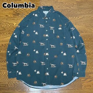 コロンビア(Columbia)の90s Columbia コロンビア 総柄シャツ 緑 グリーン 犬 ドッグ L(Tシャツ/カットソー(七分/長袖))