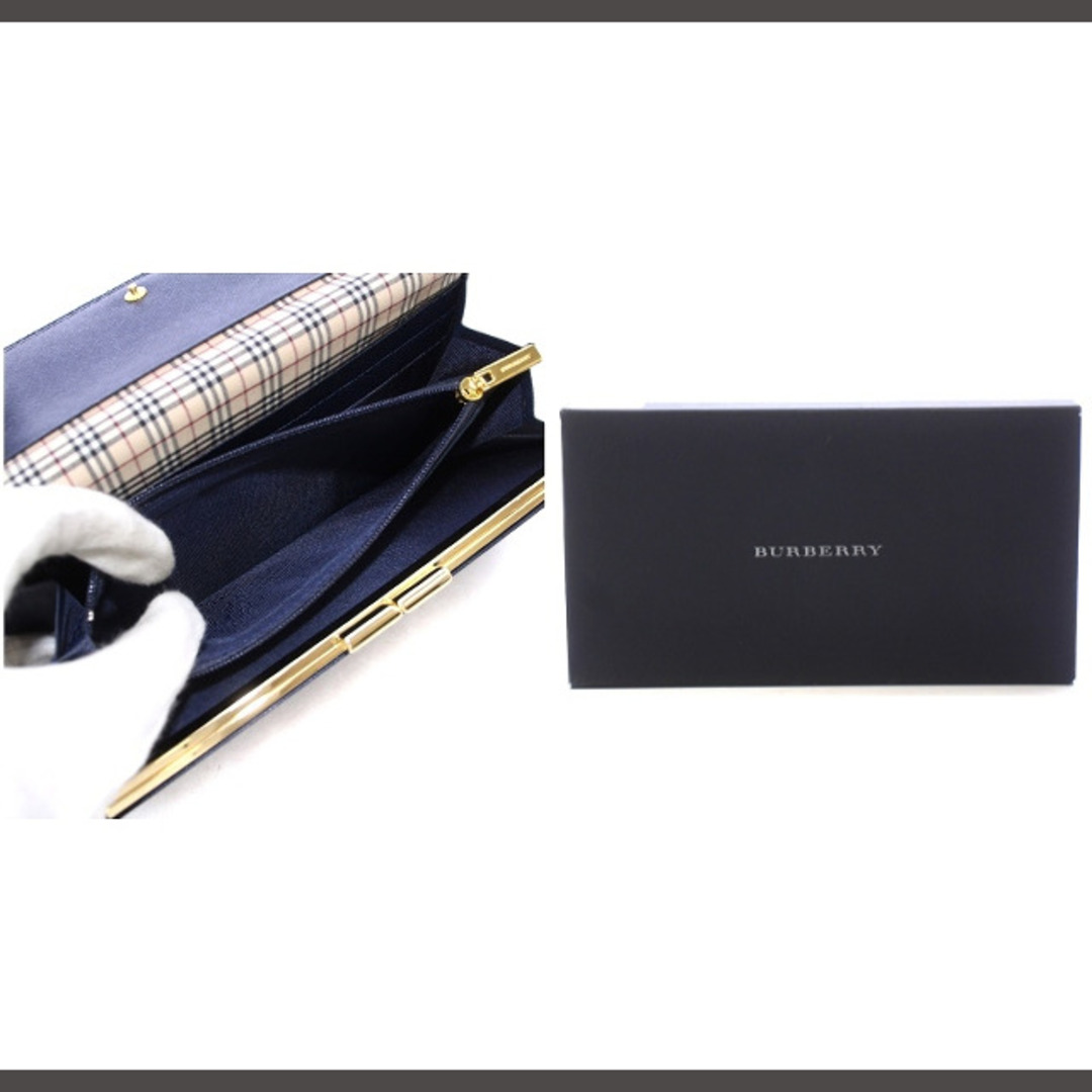 BURBERRY(バーバリー)のバーバリー 長財布 二つ折り がま口 ロゴ 内側ノバチェック 紺 YT4605 レディースのファッション小物(財布)の商品写真