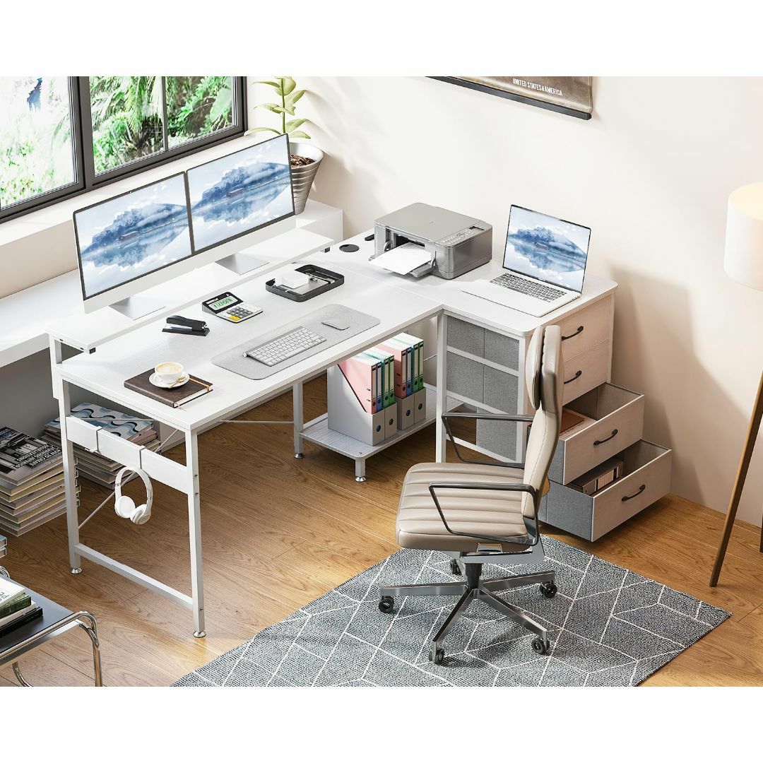 【色: ホワイト】ODK l字デスク パソコンデスク 引き出し4杯付き 幅140 インテリア/住まい/日用品のオフィス家具(オフィス/パソコンデスク)の商品写真