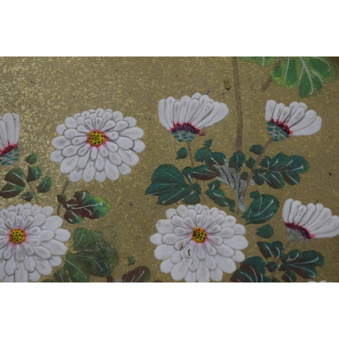 模写】伊藤若冲/菊図/屏風ハガシ/二曲用マクリです/掛軸☆宝船 模写】伊藤若冲/菊図/屏風ハガシ/二曲用マクリです/掛軸☆宝船