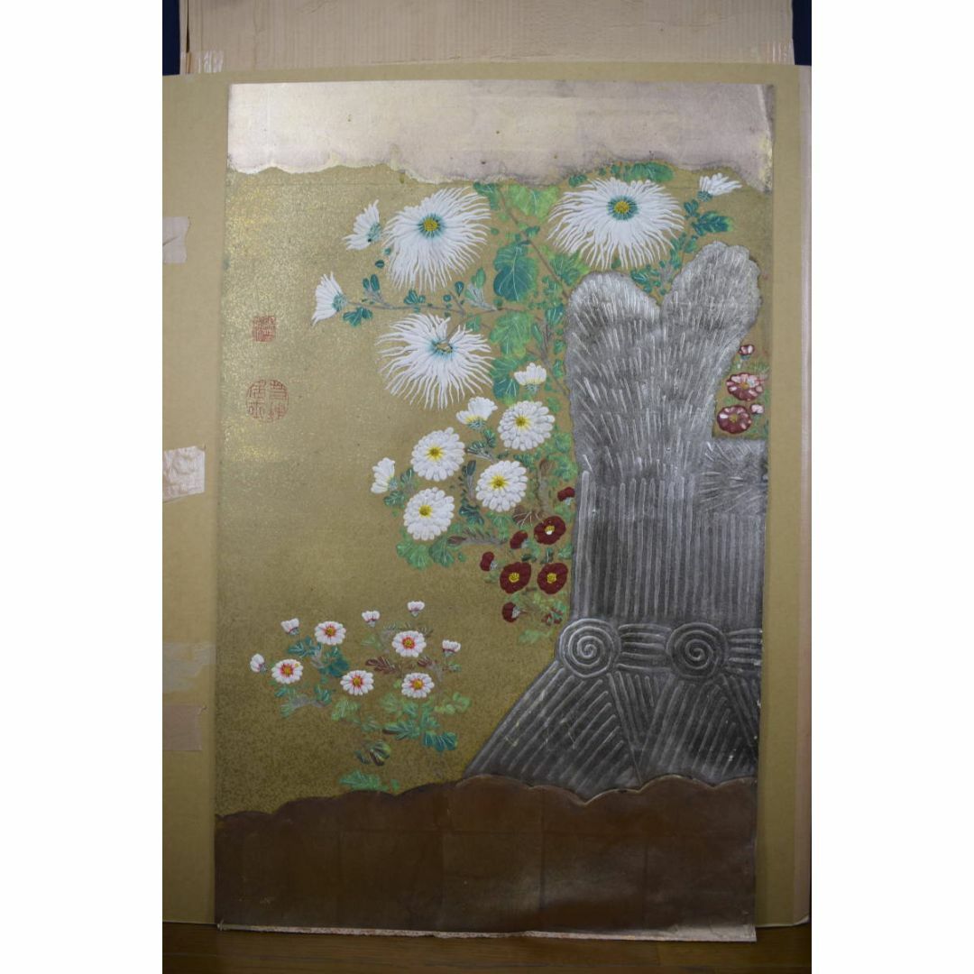 模写】伊藤若冲/菊図/屏風ハガシ/四曲用マクリです/掛軸☆宝船 模写】伊藤若冲/菊図/屏風ハガシ/四曲用マクリです/掛軸☆宝船