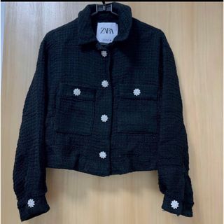 ザラ(ZARA)のZARA ツイードジャケット ビジュー付き 黒 ブラック(テーラードジャケット)