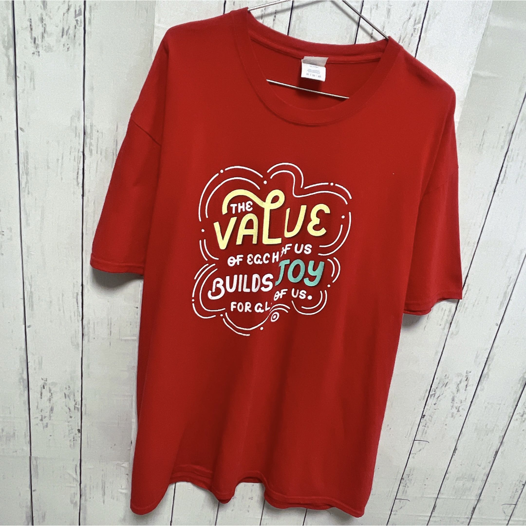 USA古着　Tシャツ　XLサイズ　レッド　赤　プリント　ロゴ　コットン　ポップ メンズのトップス(Tシャツ/カットソー(半袖/袖なし))の商品写真