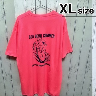 USA古着　Tシャツ　XLサイズ　ピンク　蛍光色　カレッジロゴ　デビル　プリント(Tシャツ/カットソー(半袖/袖なし))