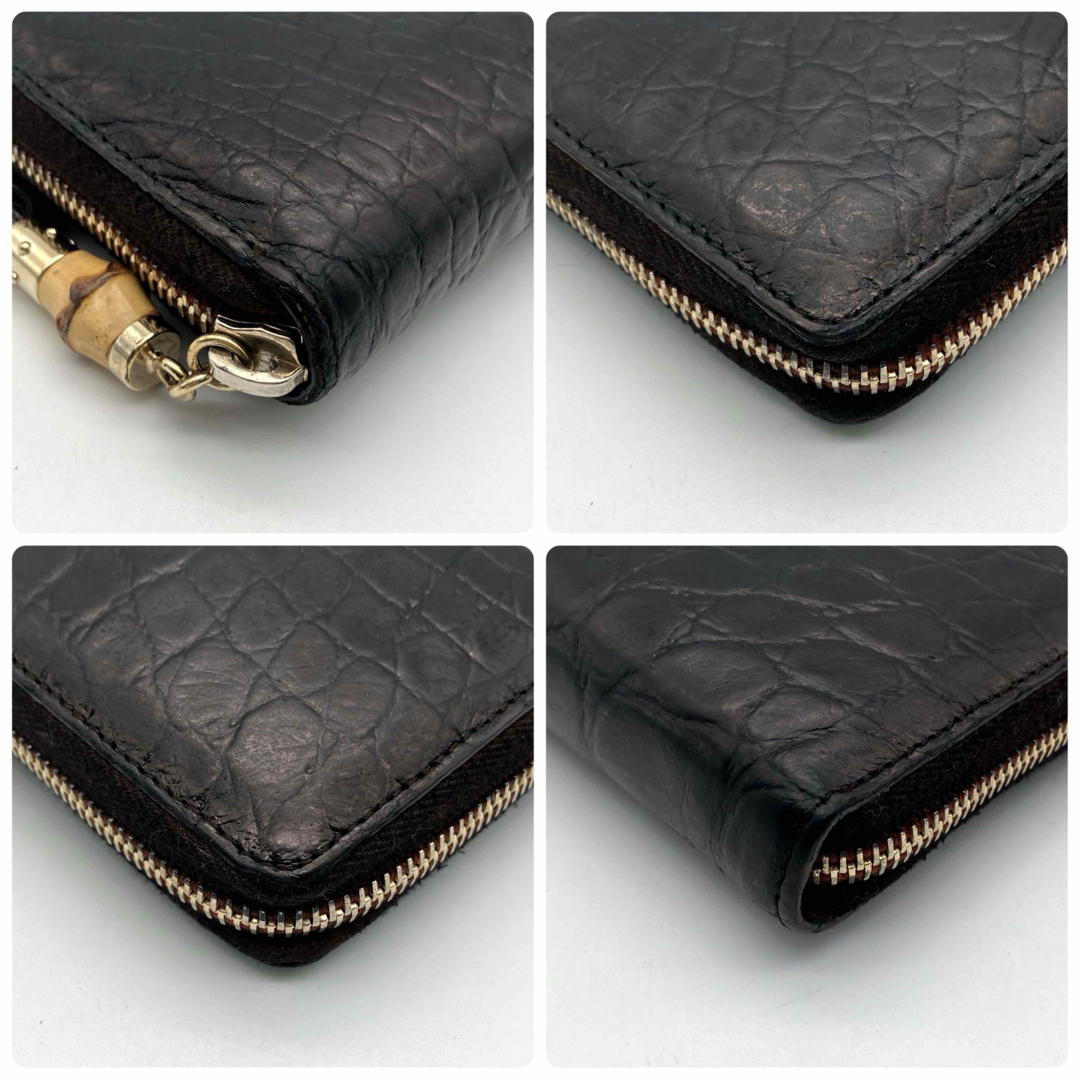 Gucci(グッチ)のGUCCI グッチ 長財布 クロコ型押し バンブー ラウンドジップ ブラック レディースのファッション小物(財布)の商品写真