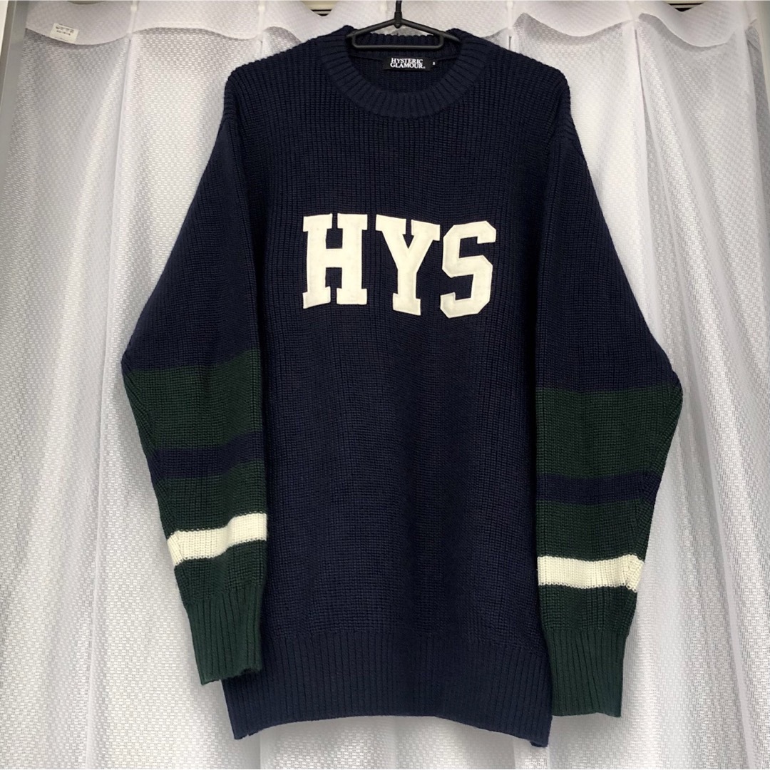 HYSTERIC GLAMOUR(ヒステリックグラマー)のHYSロゴワッペン付★ニットセーター ボーダー紺緑白ウール ヒステリックグラマー メンズのトップス(ニット/セーター)の商品写真