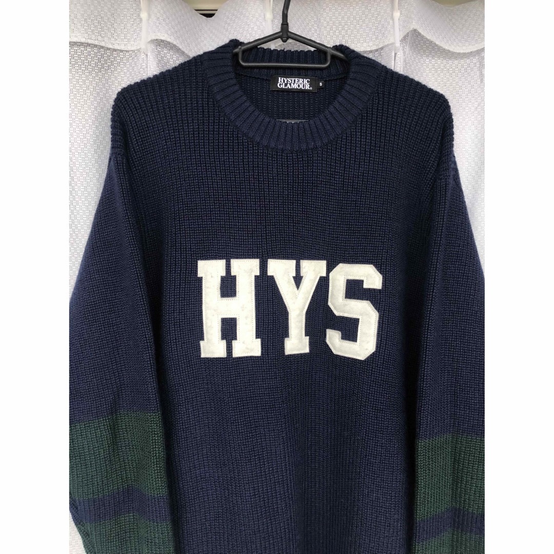 HYSTERIC GLAMOUR(ヒステリックグラマー)のHYSロゴワッペン付★ニットセーター ボーダー紺緑白ウール ヒステリックグラマー メンズのトップス(ニット/セーター)の商品写真