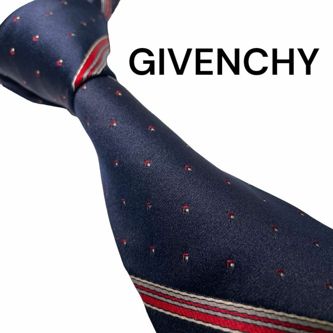 GIVENCHY(ジバンシィ)の715 GIVENCHY ネクタイ ロゴ ストライプ　ドット USA製　ネイビー メンズのファッション小物(ネクタイ)の商品写真