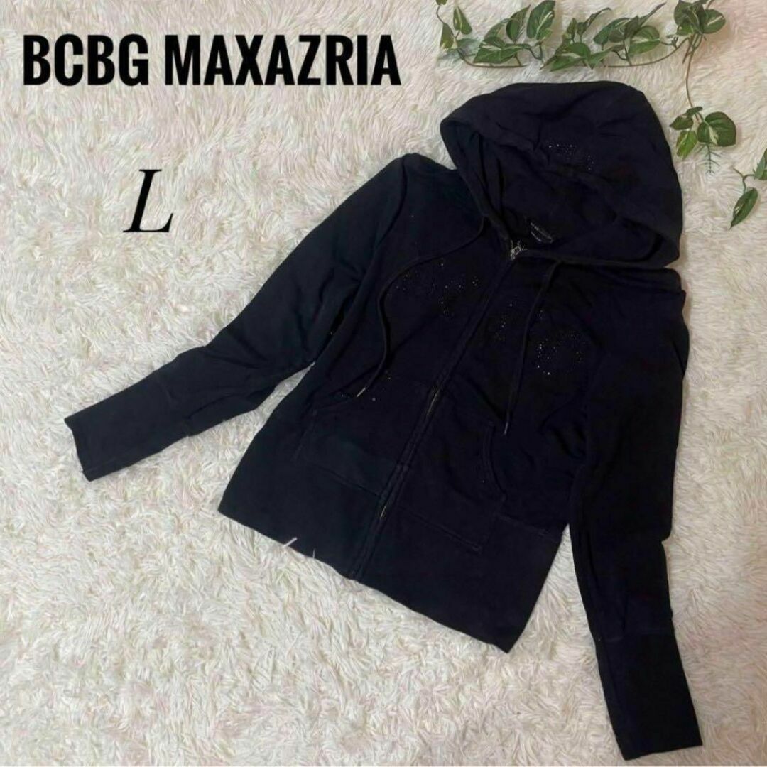 BCBGMAXAZRIA(ビーシービージーマックスアズリア)のBCBG MAXAZRIA レディース　長袖 フード付きパーカー　ブラック　L レディースのトップス(パーカー)の商品写真