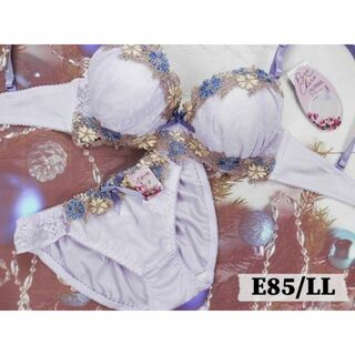 PN04 E85/LL ブラ＆ショーツセット 紫系 花のケミカル刺繍(ブラ&ショーツセット)