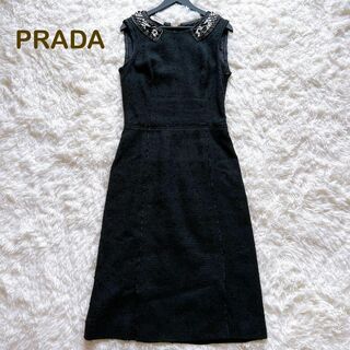 PRADA - 美品✨プラダ　ロングワンピース　ビジュー　刺繍　リボン　ツイード　40　ブラック