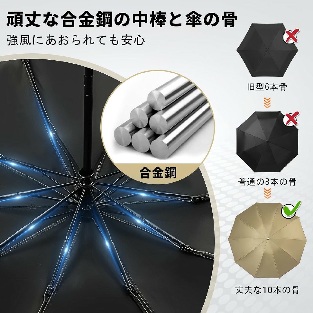 折りたたみ傘 ワンタッチ 自動開閉 10本骨 逆折り式 反射テープ付き ブラック メンズのファッション小物(傘)の商品写真