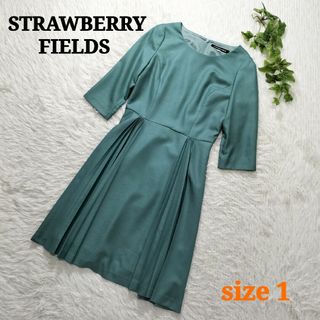 ストロベリーフィールズ(STRAWBERRY-FIELDS)のSTRAWBERRY FIELDS プリーツワンピース 七分袖 グリーン系 1(ひざ丈ワンピース)