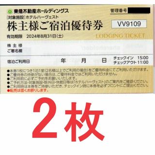 ２枚：東急不動産株主優待　株主様ご宿泊優待券：(宿泊券)