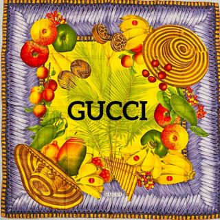 Gucci - 美品 ★GUCCI★ スカーフ 大判 フルーツ 麦わら帽子 シルク パープル