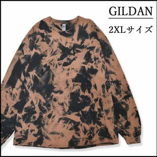 ギルタン(GILDAN)のメンズ　新品ブリーチ長袖Tシャツ2XL ロンT　黒　ベージュ　ビッグサイズ　柄物(Tシャツ/カットソー(七分/長袖))