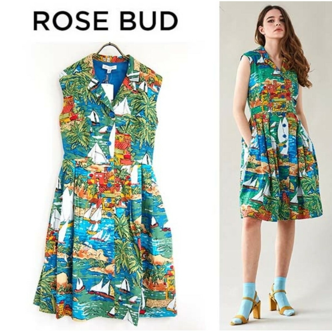 ROSE BUD(ローズバッド)のROSEBUD EMILYANDFIN ヨット✕アイランド柄開襟ワンピース F レディースのワンピース(ひざ丈ワンピース)の商品写真