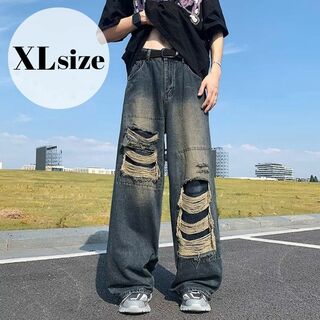 XL 地底人 デニム デニム ジーパン パンツ ワイド ダメージ ユニセックス(デニム/ジーンズ)