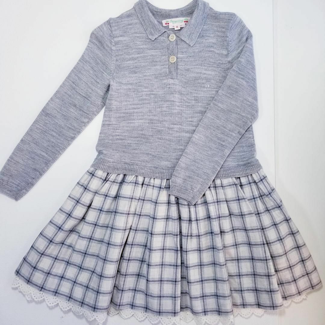 3284 【美品】 ボンポワン 110 ワンピース グレー チェック レース キッズ/ベビー/マタニティのキッズ服女の子用(90cm~)(ワンピース)の商品写真